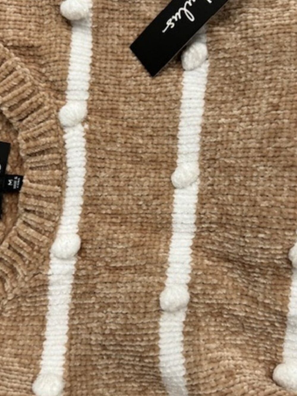 Lulus Cozy Times White and Beige Striped Chenille Knit Pom-Pom Sweater NWT - Picture 6 of 8